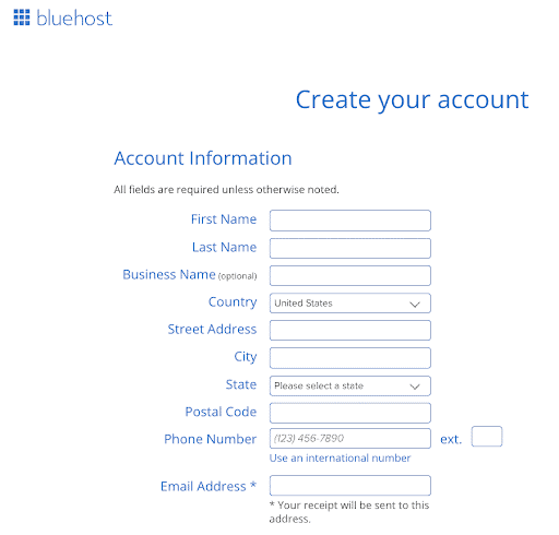Start a blog - BlueHost Create your Account