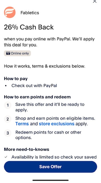 Paypal CLO and Rewards example - Fabletics