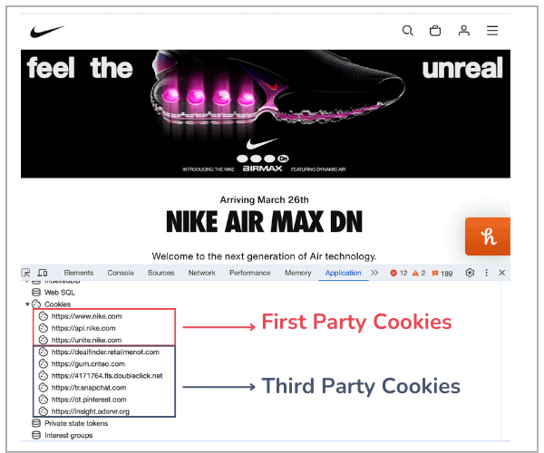 Example of first and third party cookies